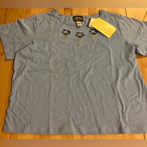 NWT Bob Mackie Wearable Art Blue Tee with Purple Floral Pansy Design Size 2X